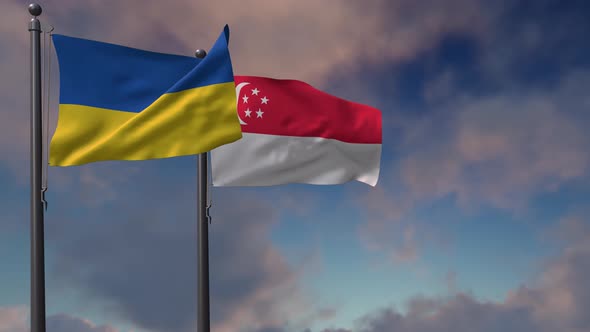 Singapore Flag Waving Along With The National Flag Of The Ukraine - 4K alt
