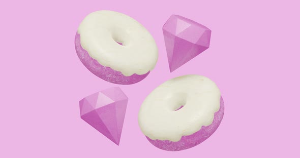 Minimal motion design. 3d creative pink donuts and diamonds 