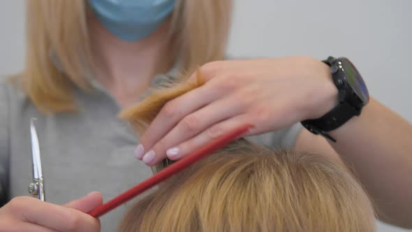 Woman Cuts Hair Strand Using Professional Metal Scissors alt