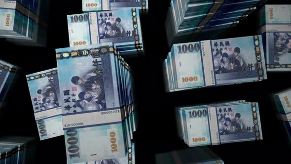 Flight over the Taiwan Dollar money banknote packs loop alt