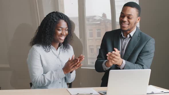 Happy Young African Students Interns Talking By Video Conference Call Compliment Applauding alt