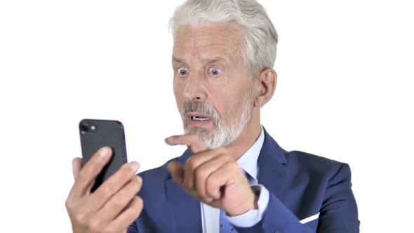 Old Businessman Cheering for Success on Smartphone White Background alt