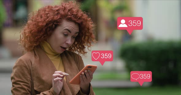 Beautiful Young Red-haired Caucasian Woman Girl Student Using Smartphone Social Media App Messaging alt