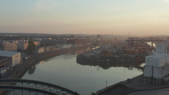 Cargo Port Area on River in Early Morning Haze, No Traffic in Frankfurt Am Main, Germany alt