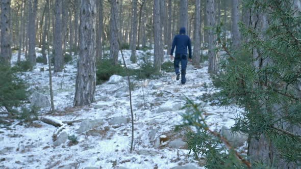 Young Man With Hood Walking On Snow In Mountain Forest Motion View