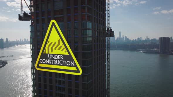 Pull Back Footage of Modern High Rise Building on Waterfront Under Construction