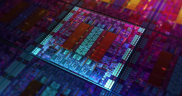 Futuristic microchip processors on wafer with data neon lights. 