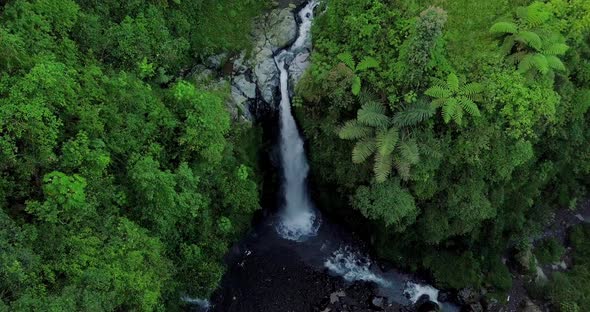Aerial view from drone flying over nature view of rushing waterfall with surrounding vegetation. nat alt