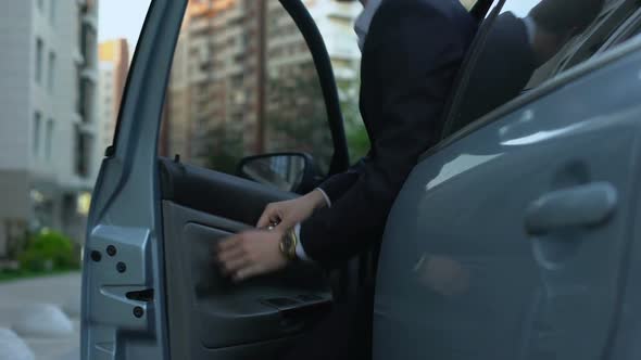 Tired Man Getting Out of Car, Returning to Home From Work, Routine, Closeup alt