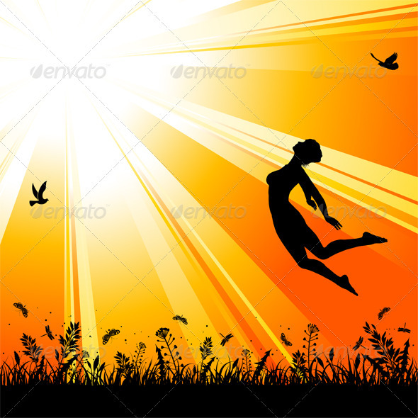 Nature background with silhouette jumping girl - People Characters
