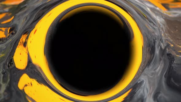 Black hole. Yellow, white, black and metallic gold color paint mix. Decorative abstract background alt