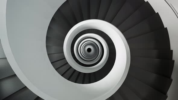 Modern, contemporary dark spiral staircase. Camera slowly rotates. 4KHD