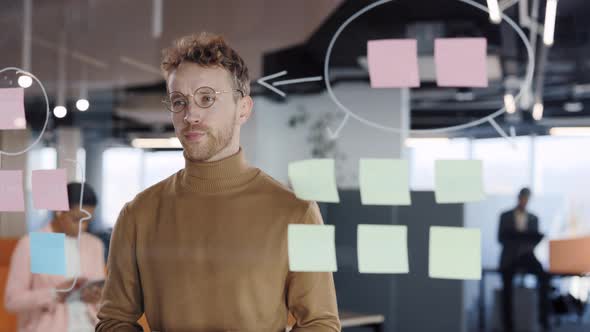Young Business Man Brainstorming New Project Solving Strategy on Glass Board alt