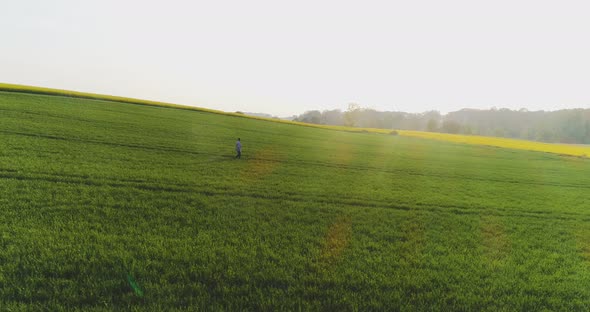 Agriculture, Male Farmer Walking on Track Over Agricultural Field alt