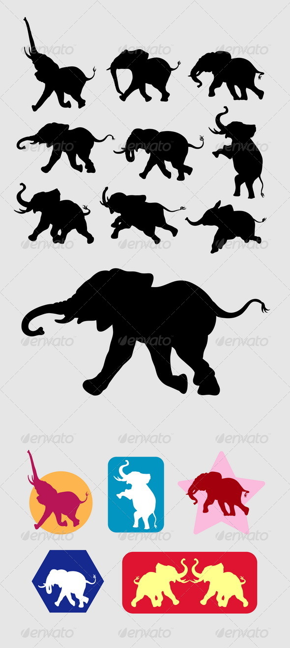 Elephant Running Silhouettes - Animals Characters