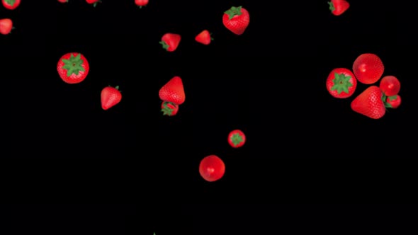 A lot of 3D strawberries falls on a black background