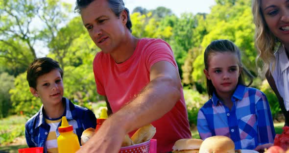 Happy family interacting with each other while having meal in park 4k alt