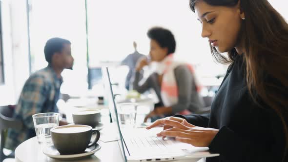 Female Student Using Netbook While Sitting in Cafe alt