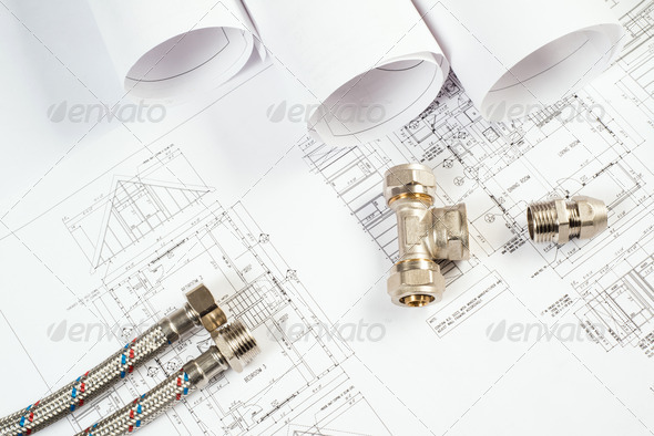 plumbing and drawings, construction still life - Stock Photo - Images