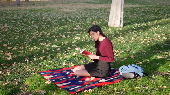 A young woman school girl reading a book on a campus lawn or outdoor park SLOW MOTION. alt