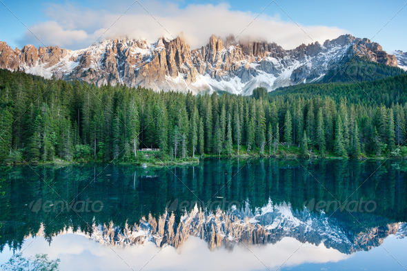 Karersee, lake in the Dolomites in South Tyrol, Italy. - Stock Photo - Images