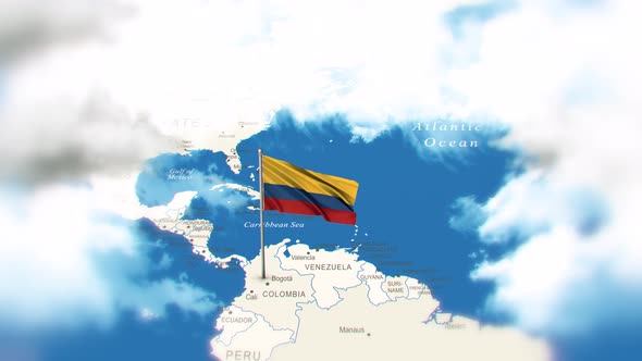 Colombia Map And Flag With Clouds
