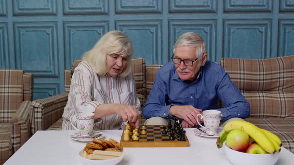 Retired Senior Couple Talking Drinking Tea Playing Chess in Modern Living Home Room Lounge Together alt