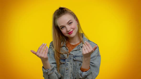Teen Stylish Girl Showing Inviting Gesture with Hands Ask to Join Beckoning to Coming Welcome alt