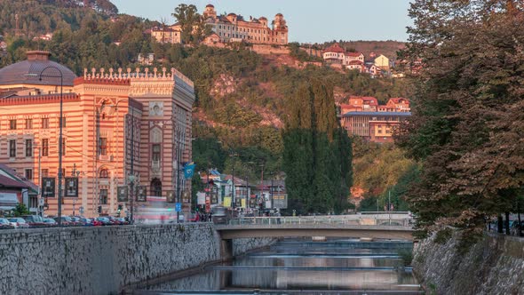 View at city hall in old town center of Sarajevo timelapse, landmark in capital  alt
