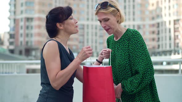Two Envious Adult Women Bragging Purchases in Shopping Bags Talking Standing on City Street alt