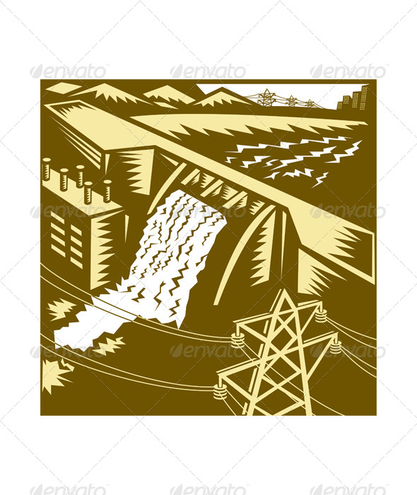 ecology energy alternative hydroelectric power station clouds sun vector  illustration sketch Stock Vector | Adobe Stock