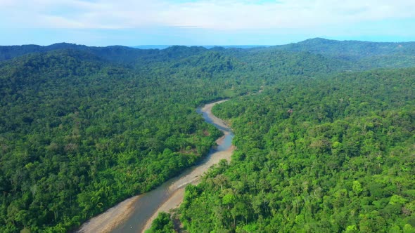 Aerial View Following A River In A Tropical Forest In South America 