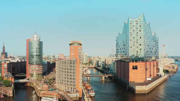 Aerial View of the Modern Prestigious and Business District of Hamburg Hafencity on a Nice Fine Day alt