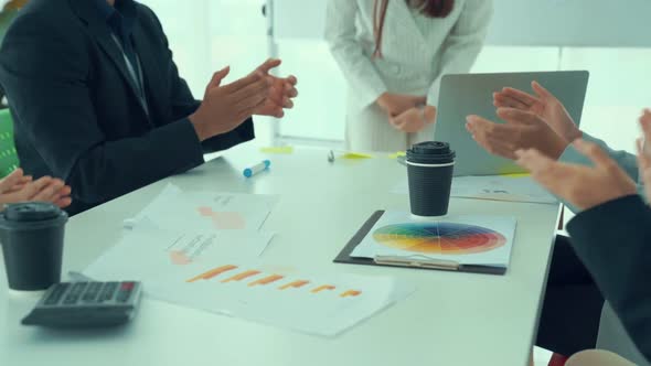 Businesswoman Proficiently Present Work Project Receive Celebrations From Team alt