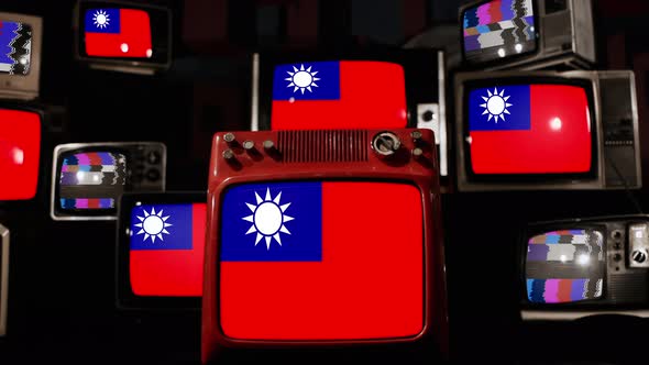 Flag of Taiwan on Retro TVs. 4K. 