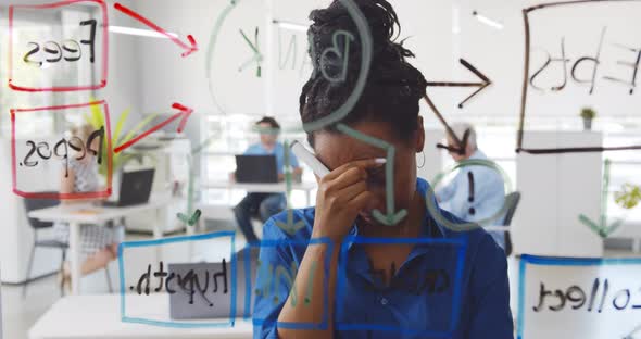 Pensive African Businesswoman Looking at Transparent Board with Chart and Brainstorming alt