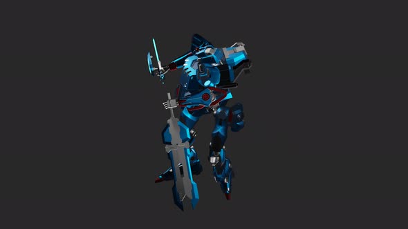 The robot acts in a Look Over Shoulder style and wields a double sword