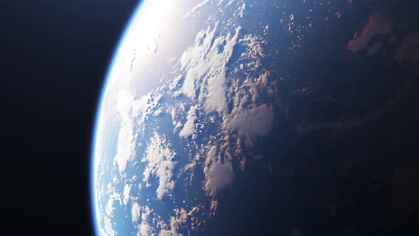 Cinematic zoom in scene to the planet earth Surface.Cloudy landscape in the right globe side.