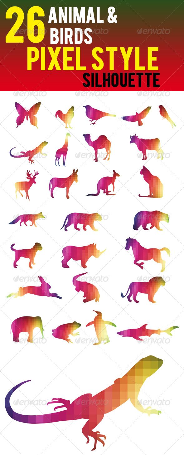 Pixel Style Animals & Birds Silhouette - Animals Characters