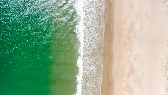 Vibrant green tropical color ocean and sandy beach, aerial top down view alt