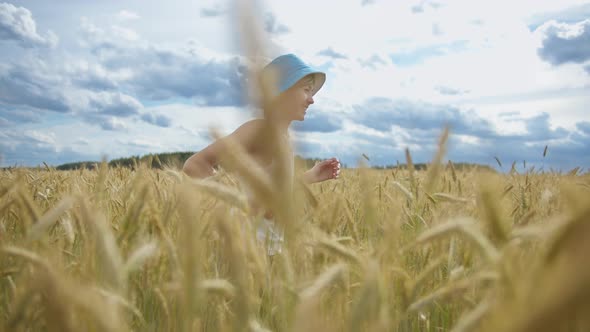 Happy Boy in a Blue Hat Running Across a Golden Wheat Field and Smiling Have Fun