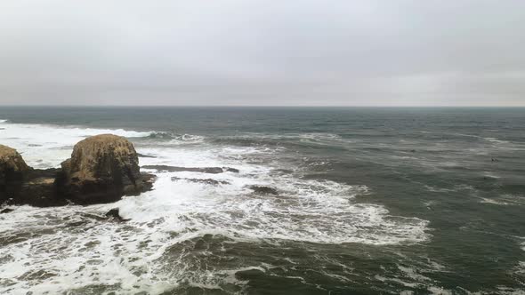 pichilemu, punta de lobos, chile. swell and big waves in the winter, drone Shot, Travel out. beautif alt