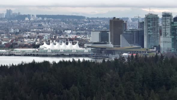 Aerial shot of Canada Place with Stanley Park in the Foreground in 4K alt