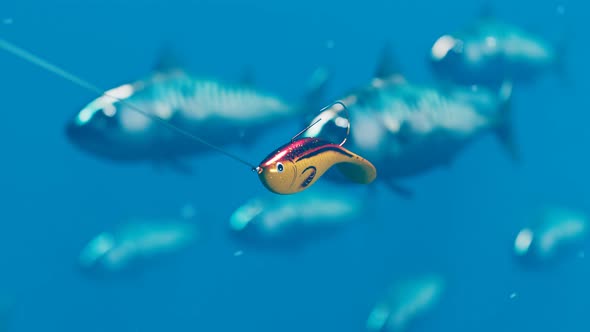 Metal fish bite in the water. Rode with excellent lure while fishing. Wobbler. alt