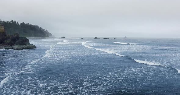 Fog on the ocean horizon with protruding rocks at Ruby Beach, Olympic National Park, Washington, USA alt