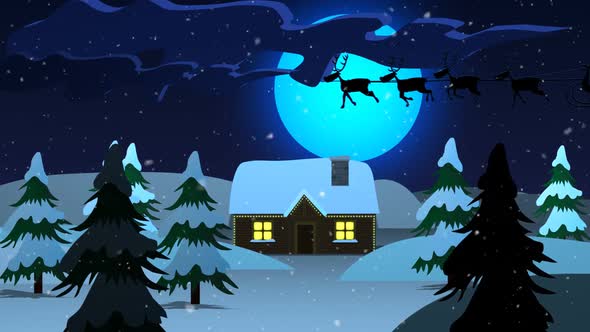 Santa's sled dragged by raindeers flying in front of bright, full moon.