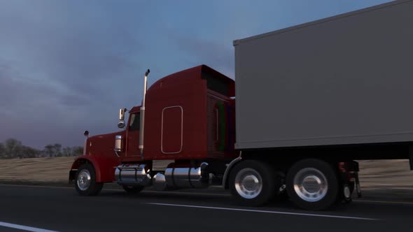 Huge semi-trailer cargo truck riding on the highway. Overall view animation. HD alt