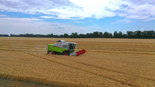 Combine harvester in action on the field. alt