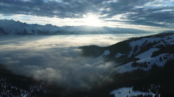 Winter Alps Valley Panorama During Sunset