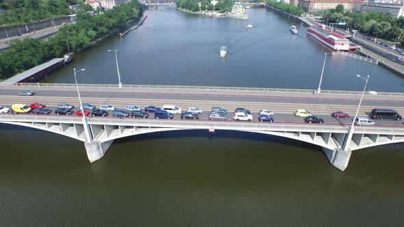 Aerial of Stefanik Bridge and Vltava River